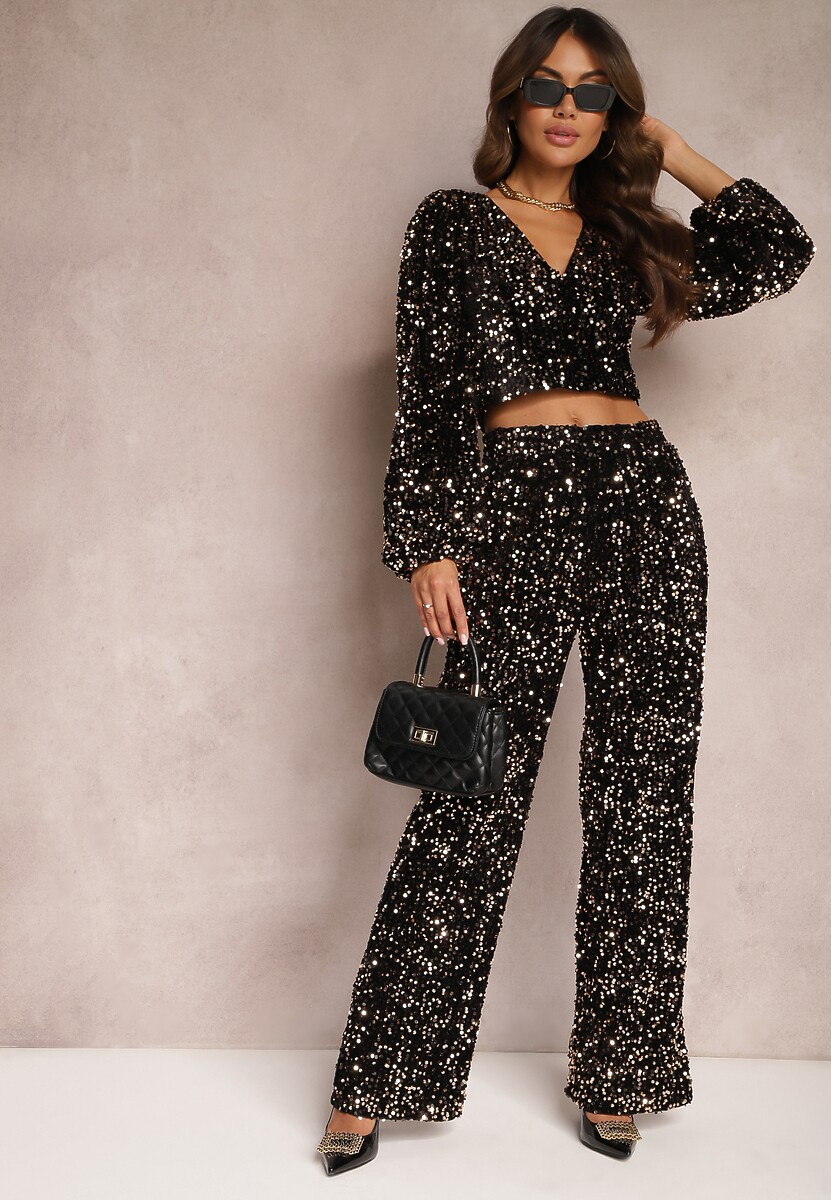 Złota Bluzka z Trójkątnym Dekoltem i Bufiastymi Rękawami Ozdobiona Cekinami Loness