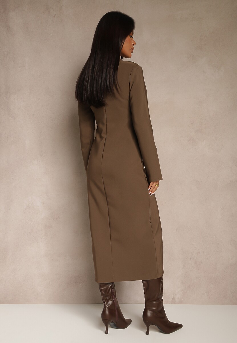 Brązowa Taliowana Sukienka z Eleganckimi Guzikami i Metaliczną Klamrą Espedia