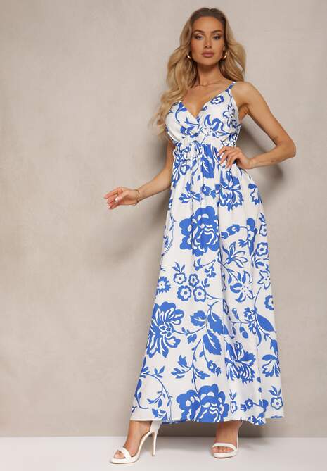 Biało-Granatowa Sukienka z Gumkami na Plecach Ściągana w Talii z Regulowanymi Ramiączkami Falora