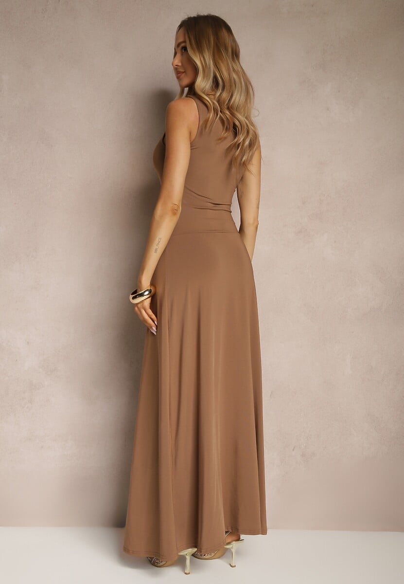 Brązowa Sukienka z Dopasowaną Górą i Rozkloszowanym Dołem Bez Rękawów Aspafle