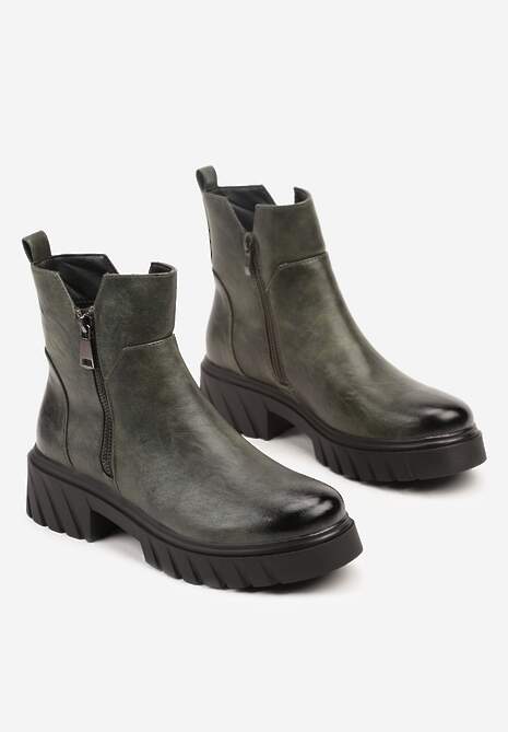 Zielone Botki do Kostki z Suwakiem na Grubej Podeszwie z Tłoczeniami Redvira