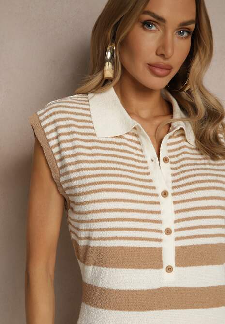 Brązowa Dzianinowa Sukienka w Paski o Dopasowanym Kroju z Kołnierzykiem Mepanna