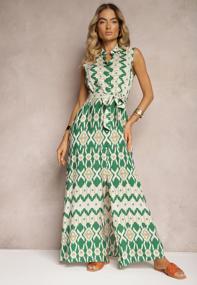 Zielona Wiskozowa Sukienka w Koszulowym Stylu z Materiałowym Paskiem w Talii Drevima