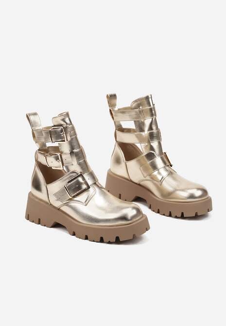 Złote Botki na Grubej Podeszwie Zdobione Wycięciami i Klamrami Seneona