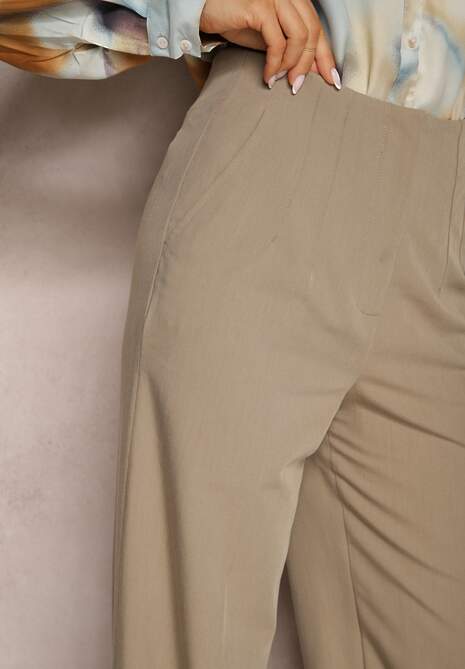Ciemnobeżowe Szerokie Spodnie z Imitacją Kieszeni Garniturowe High Waist Iriniael
