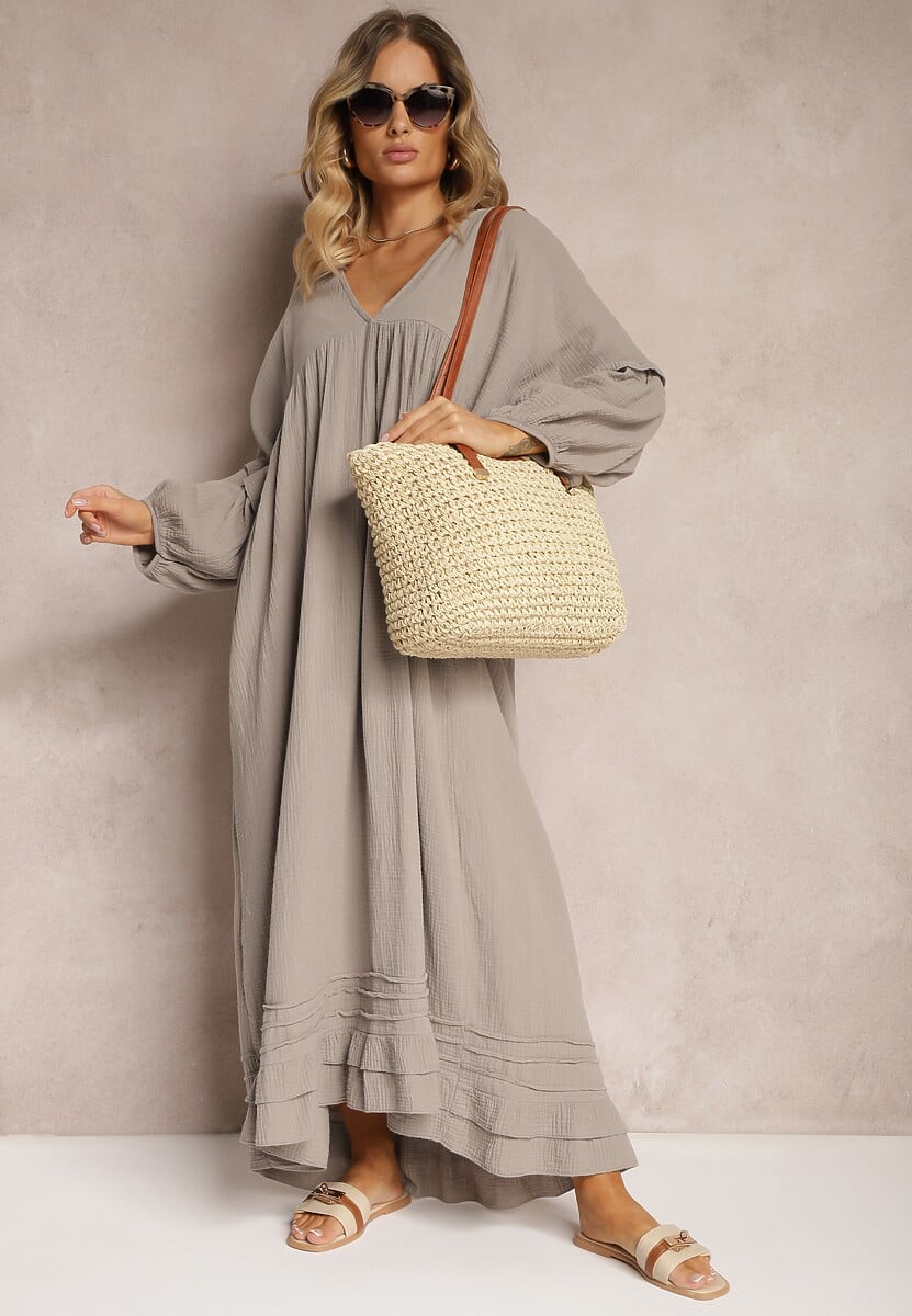 Ciemnobeżowa Muślinowa Trapezowa Sukienka z Bawełny Wykończona Falbaną i Ozdobnymi Rękawami Tanisea