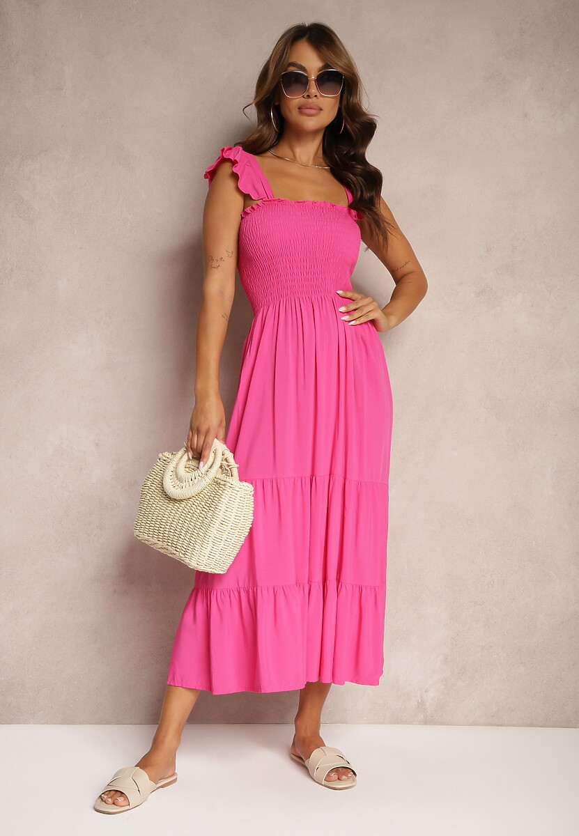 Fuksjowa Sukienka z Bawełny na Ramiączkach Ozdobiona Falbanami i Gumkami Mevalys