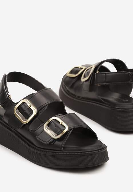Czarne Sandały na Platformie Ozdobione Klamrami Lorvanis