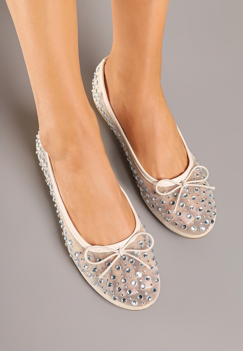 Jasnobeżowe Siateczkowe Balerinki Zdobione Cyrkoniami i Kokardką Revia