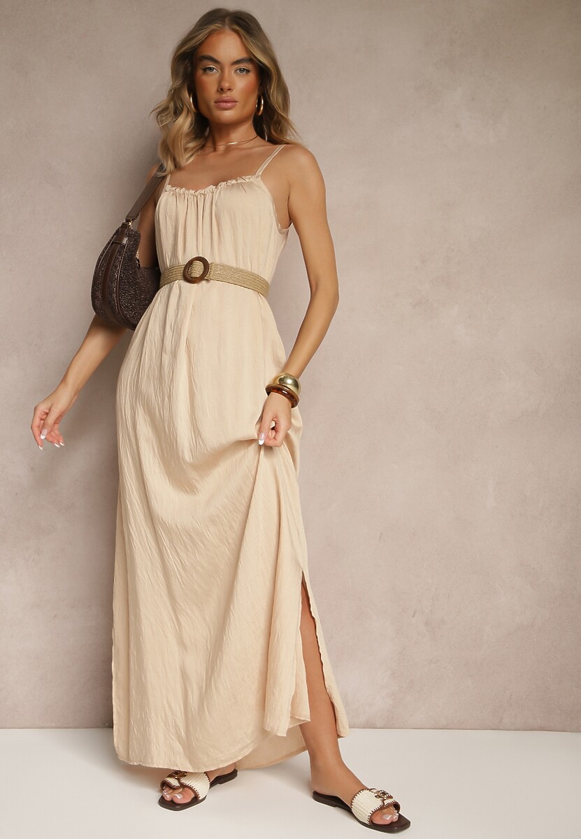 Beżowa Sukienka o Rozkloszowanym Kroju z Elastycznym Dekoltem Revore