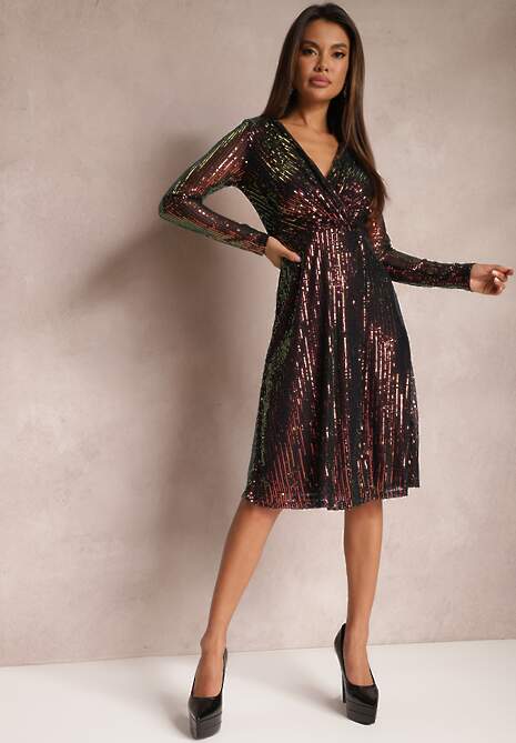 Wielokolorowa Rozkloszowana Sukienka Midi w Cekiny z Kopertowym Dekoltem Junicca