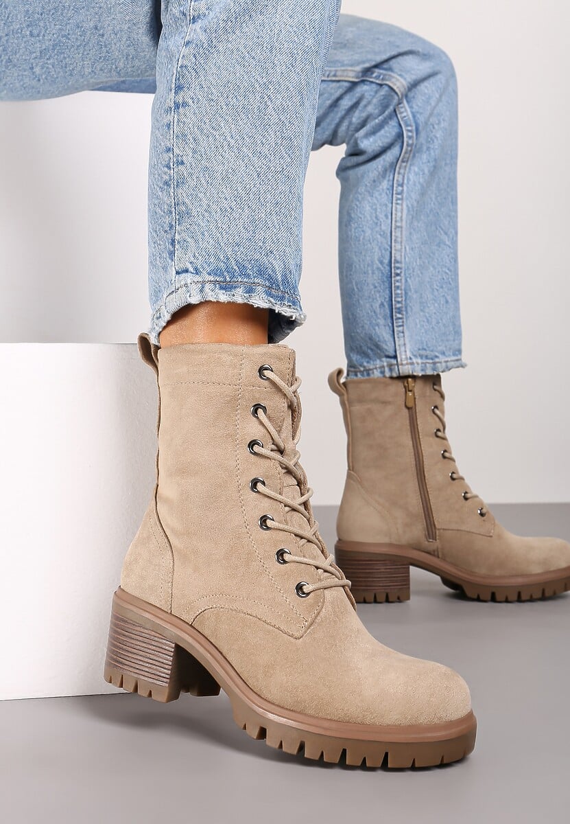 Czarne Botki na Słupku w Stylu Workerów z Ekoskóry Wykończone Wiązaniem Timovia