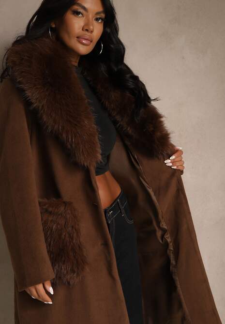 Brązowy Płaszcz z Futrzanym Kołnierzem Kieszeniami i Wiązanym Paskiem Perria