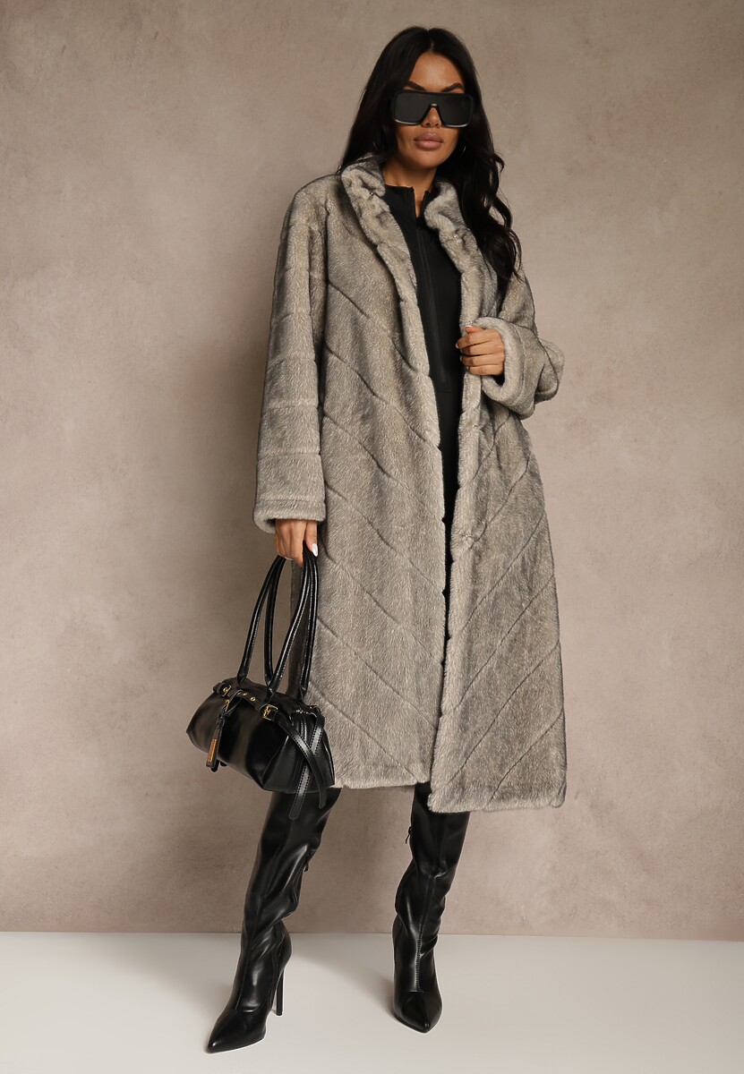 Brązowy Płaszcz Futerko o Długim Kroju z Przeszyciami i Stójką Zeniera