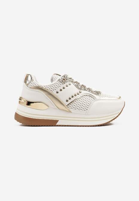 Biało-Złote Sneakersy na Platformie Ozdobione Metalicznymi Aplikacjami i Cyrkoniami Tatindra