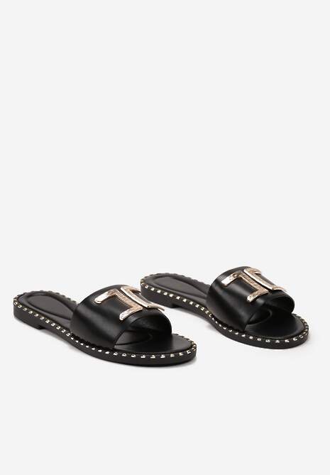 Czarne Klapki ze Złotą Wstawką na Cholewce i Nitami wokół Podeszwy Xyrissa