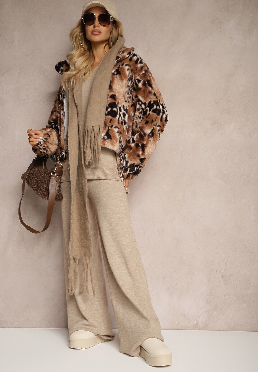 Czarno-Beżowa Kurtka z Futerka o Luźnym Kroju ze Ściągaczami Zdobiona Zwierzęcym Printem Kortisa