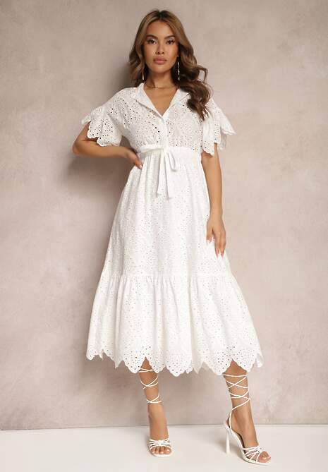 Biała Bawełniana Sukienka o Rozkloszowanym Kroju z Haftem z Guzikami i Gumką w Pasie Lovarae