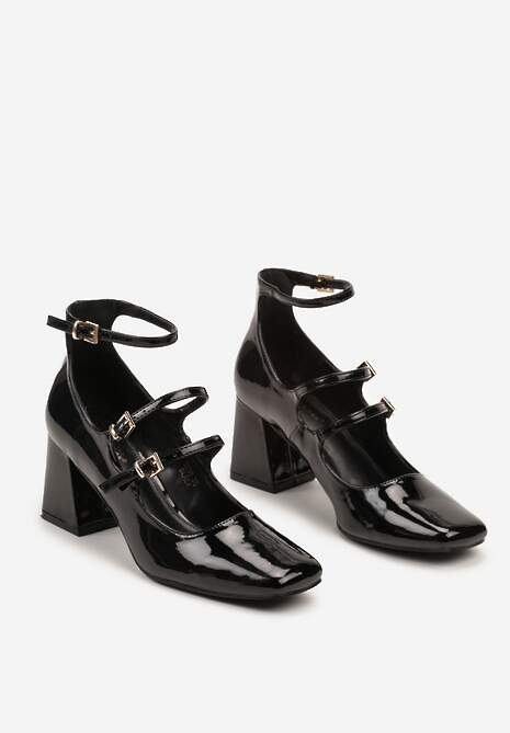 Czarne Czółenka Lakierowane na Słupku Wykończone Paskami i Sprzączkami Kalivivia