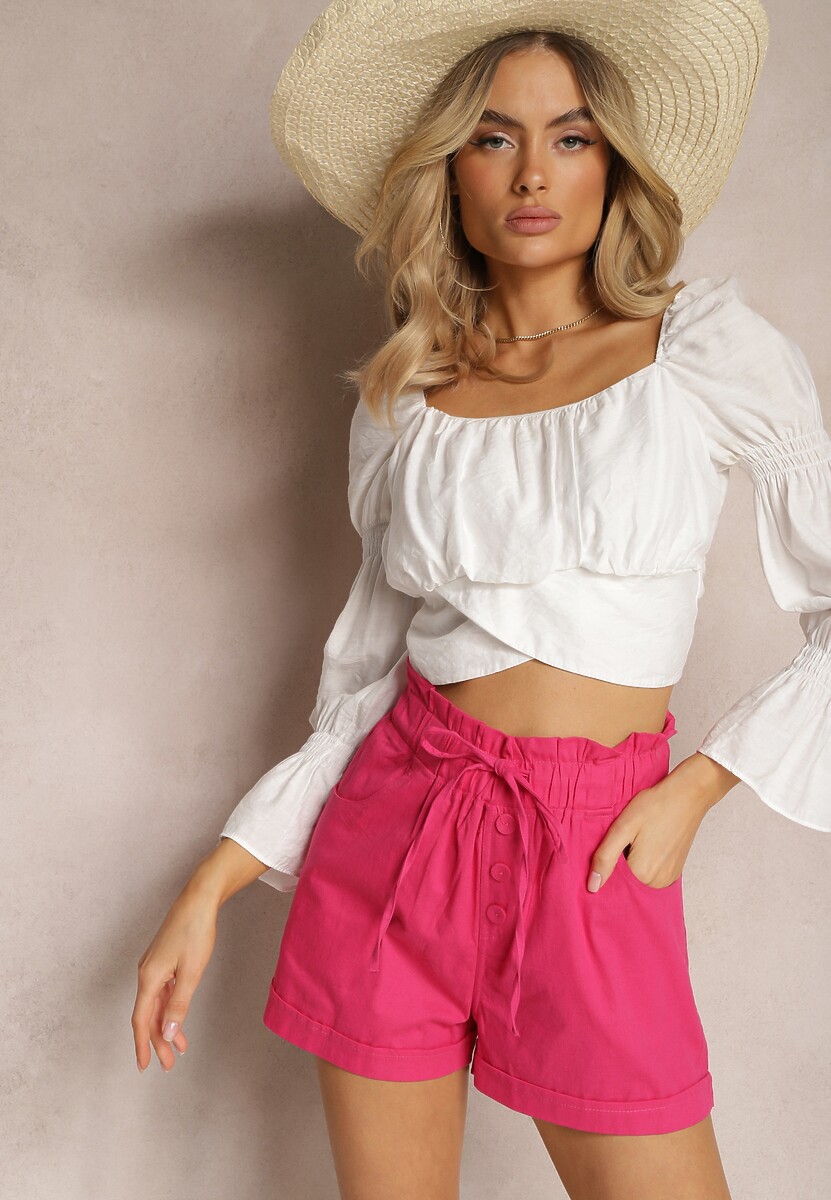 Jasnobeżowe Szorty z Guzikami i Gumką w Pasie Ściągane Troczkiem Amalilena