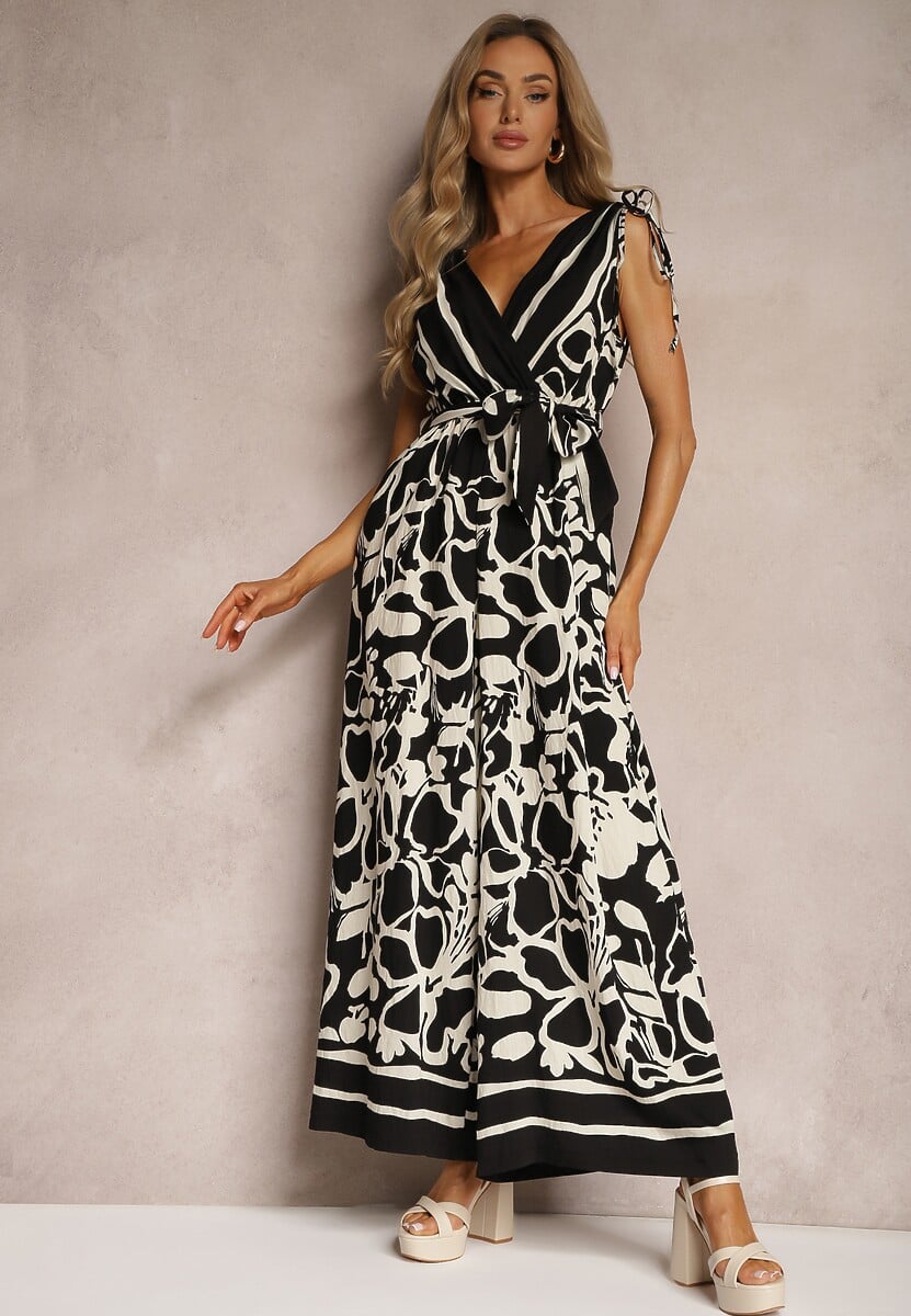 Czarno-Biały Kombinezon z Dodatkiem Wiskozy Paskiem w Talii i Kopertowym Dekoltem Paratia