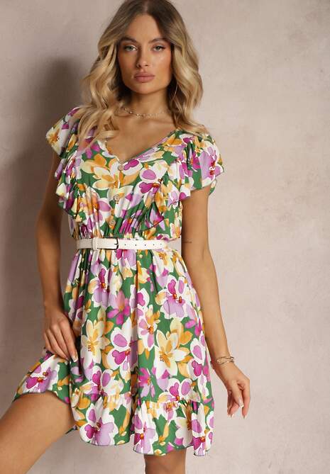 Zielono-Różowa Taliowana Bawełniana Sukienka w Kwiaty z Falbanami przy Ramionach z Gumką w Talii Nelova