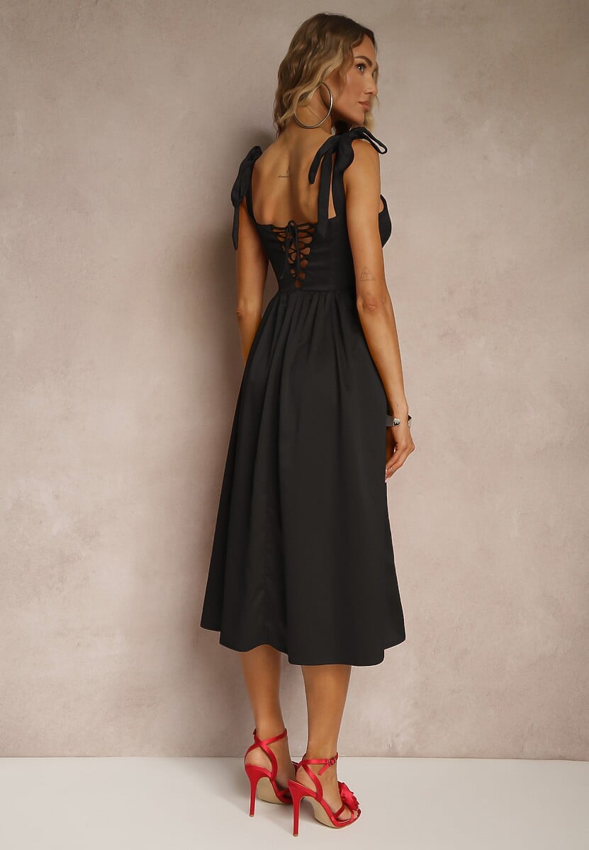 Czarna Sukienka Vices o Rozkloszowanym Kroju z Wiązanymi Ramiączkami Natirise