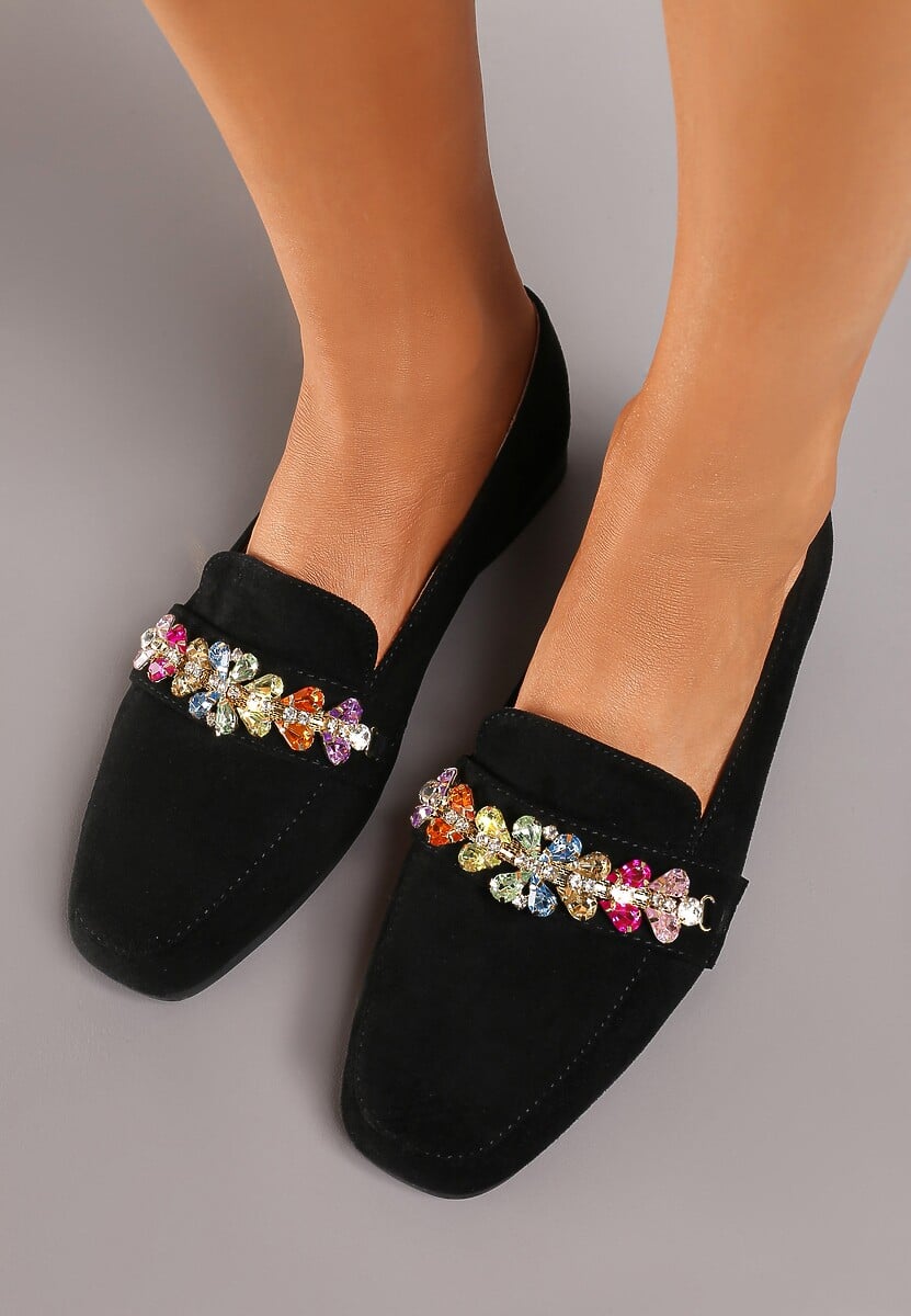 Czarne Mokasyny na Płaskiej Podeszwie z Ozdobą z Kryształków Peneda