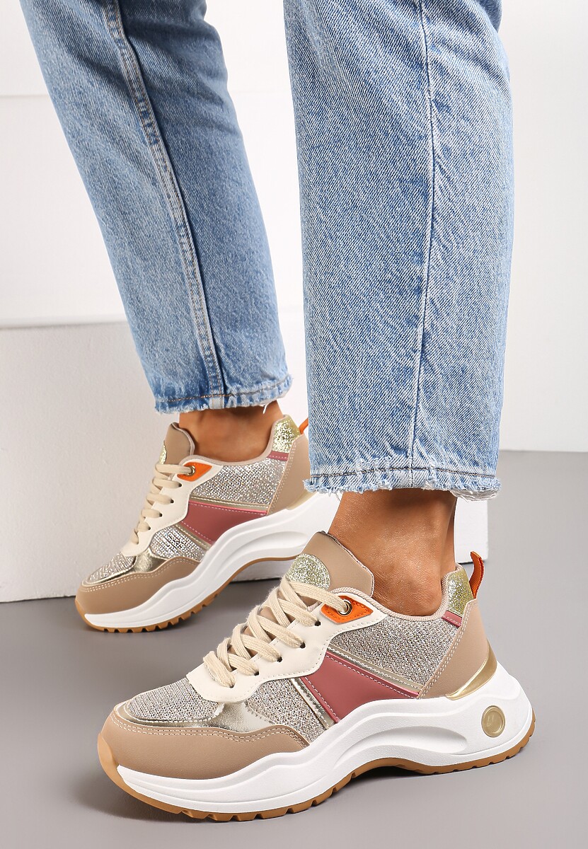 Ciemnobeżowe Sneakersy z Tłoczonego Materiału z Brokatowymi i Metalicznymi Wstawkami Thermia