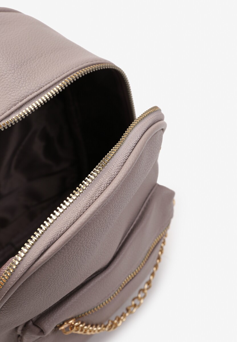 Szary Mały Plecak z Imitacji Skóry na Regulowanych Szelkach z Łańcuszkiem Carnissa