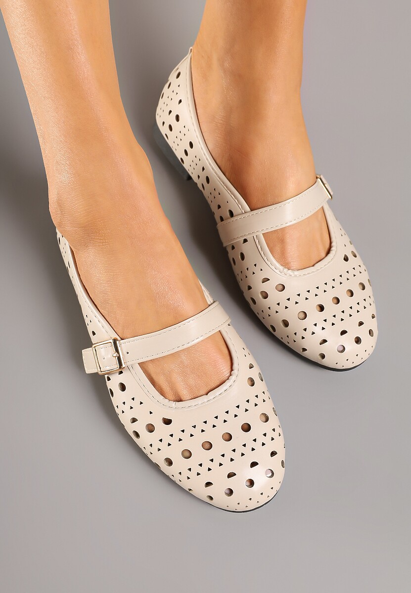 Beżowe Balerinki z Ażurowymi Wycięciami z Paskiem na Sprzączkę Frollia