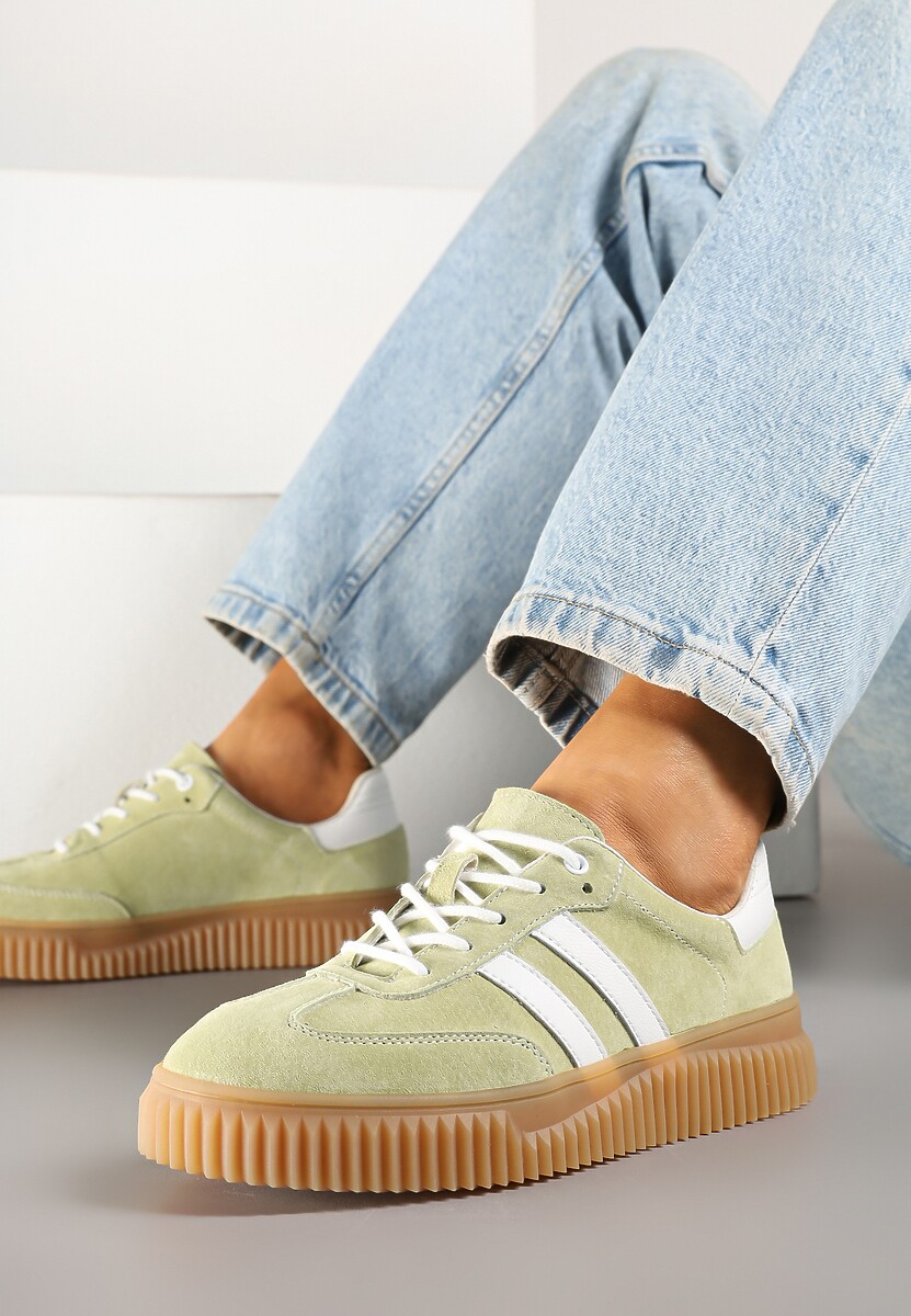 Beżowo-Brązowe Zamszowe Sneakersy w Stylu Kultowych Tenisówek ze Skórzaną Wkładką Tenannia