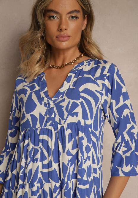 Niebieska Sukienka z Wiskozy o Rozkloszowanym Kroju w Abstrakcyjny Wzór Lirese