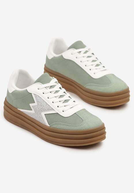 Jasnozielone Sneakersy w Stylu Tenisówek Ozdobione Geometrycznym Wzorem Tolivanna