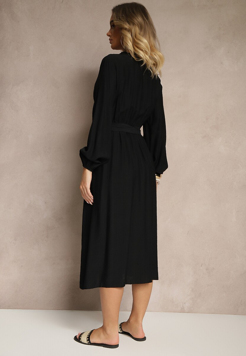 Czarna Rozkloszowana Sukienka z Wiskozą Zdobiona Haftem i Wiązanym Paskiem Elvania