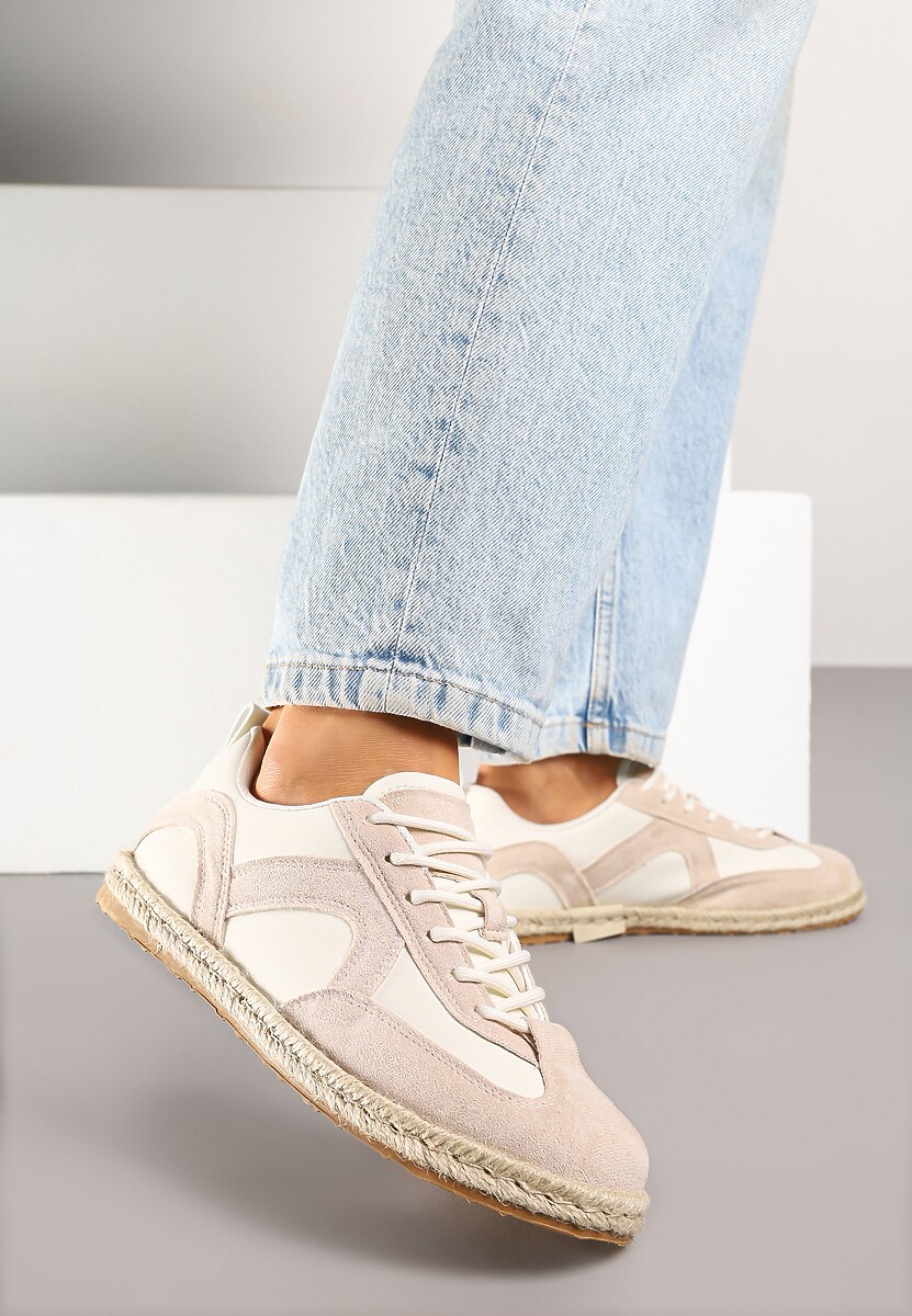 Beżowe Sneakersy Kultowe Tenisówki z Podeszwą Zdobioną Plecionką Zarorella