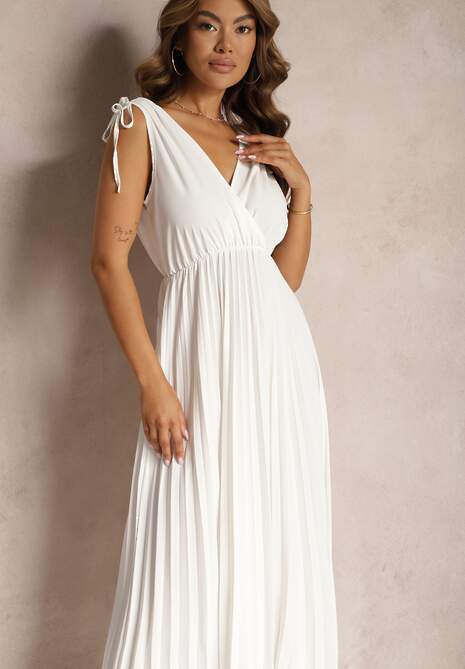 Biała Rozkloszowana Sukienka Plisowana z Wiskozą i Bawełną Wykończona Gumką w Talii Yefia