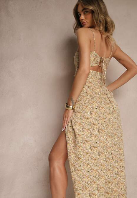 Żółta Sukienka o Rozkloszowanym Kroju z Geometrycznym Wzorem Otellaria