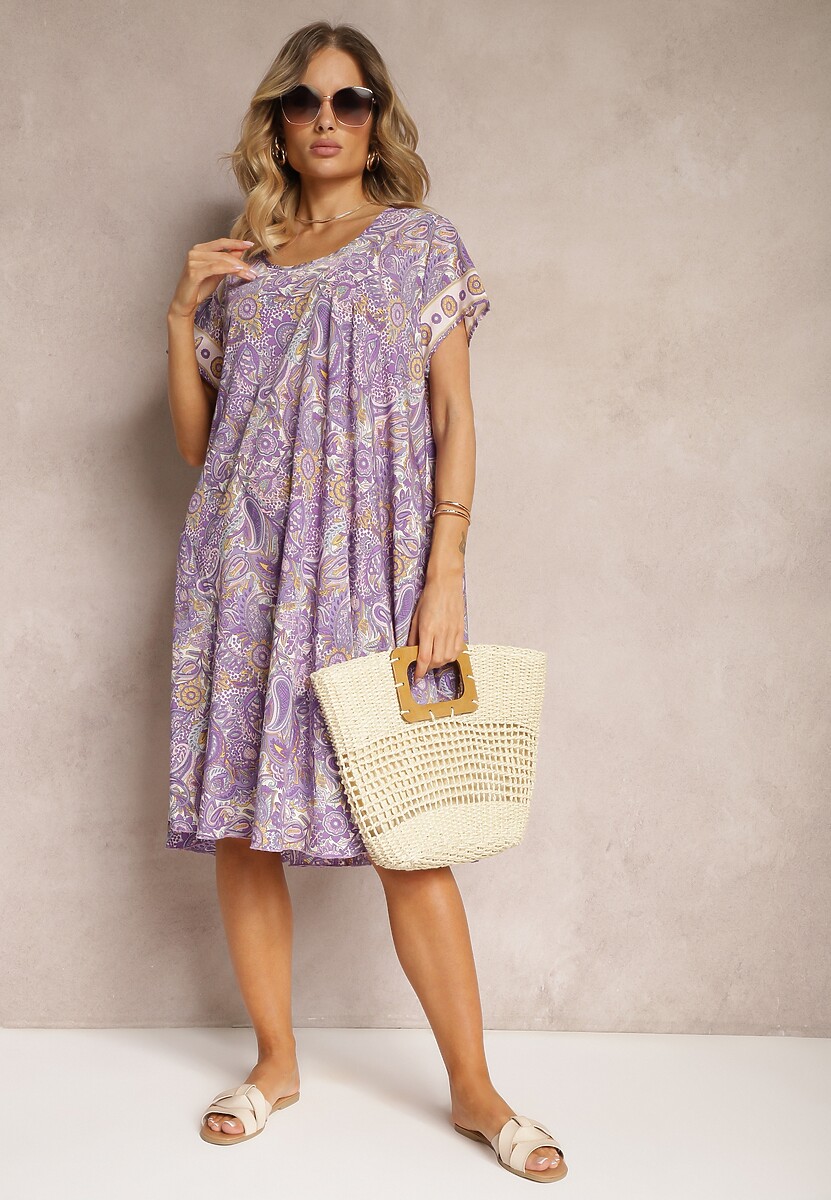 Fioletowa Sukienka Boho z Wiskozy z Cienkim Paskiem w Talii Rivasea