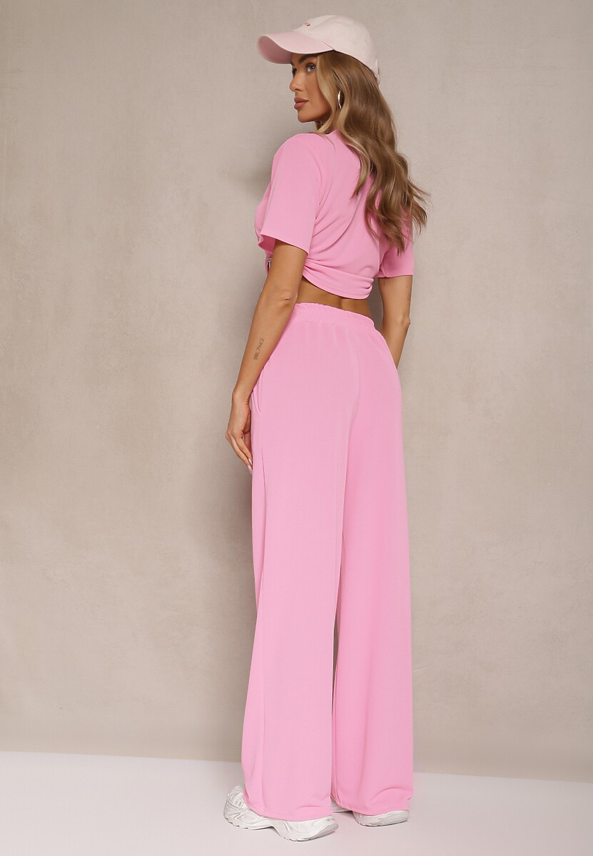 Różowy Komplet Top ze Ściągaczami i Luźne Spodnie Paliriona