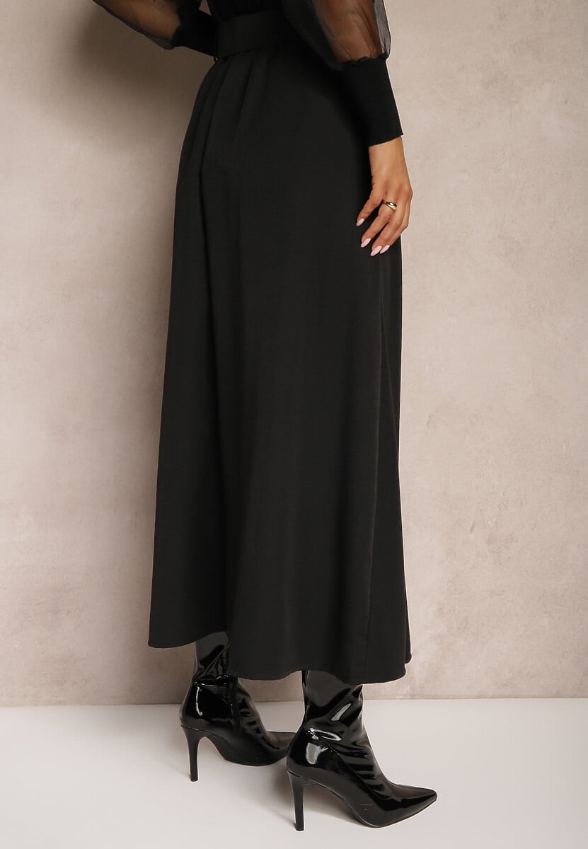 Czarna Spódnica z Wiskozą o Rozkloszowanym Kroju z Paskiem i Gumką w Talii Prianna