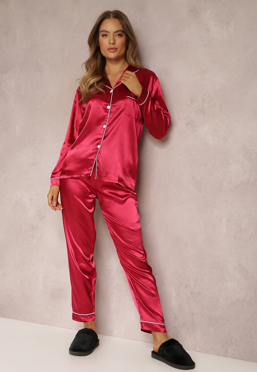 Bordowy 2-częściowy Komplet Piżamowy Satynowy Cishaias