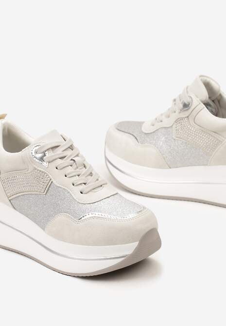Beżowe Sneakersy na Platformie z Cyrkoniami na Boku Oarema