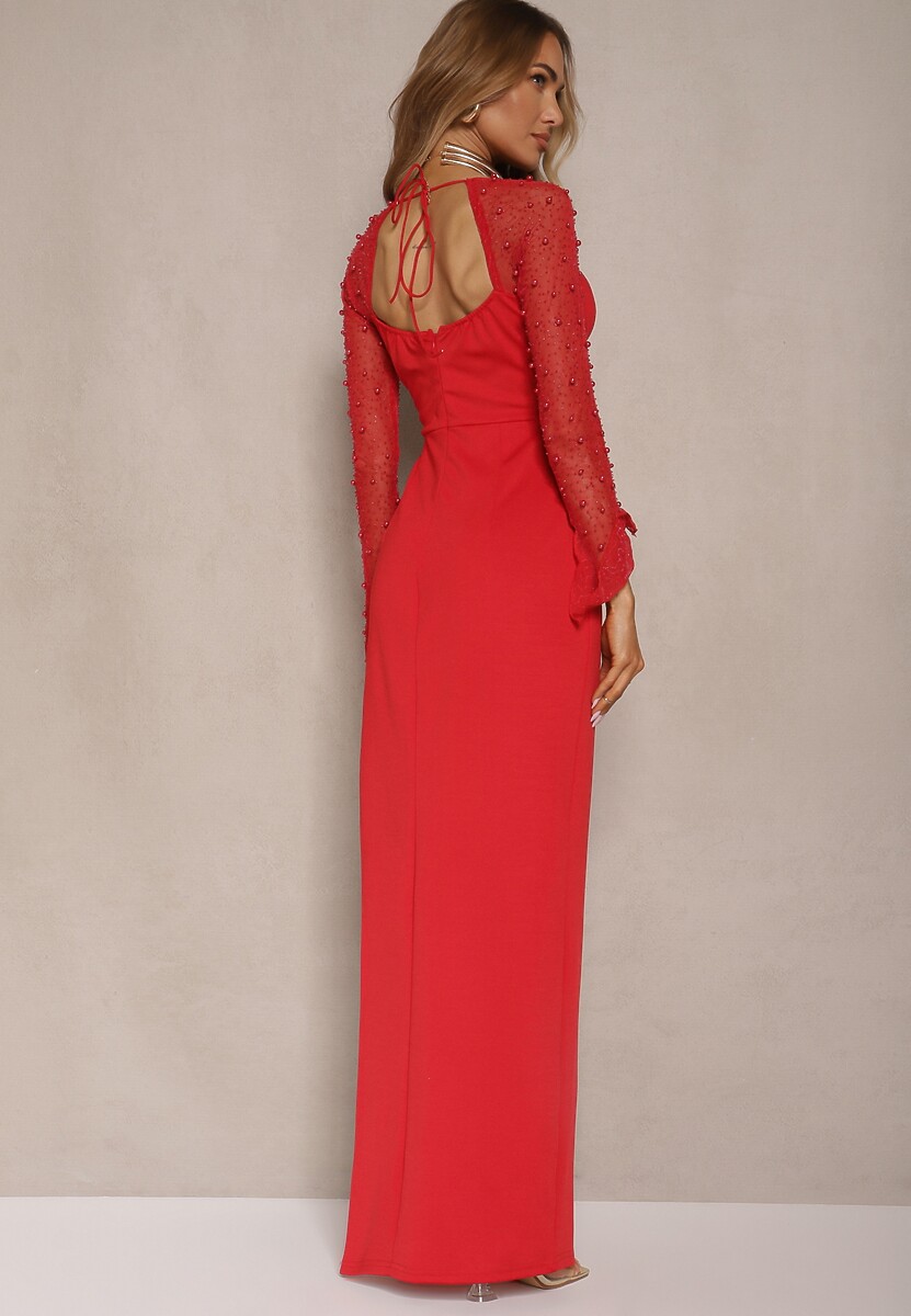 Czerwona Koktajlowa Sukienka z Perełkami na Siateczkowych Rękawach Inarette