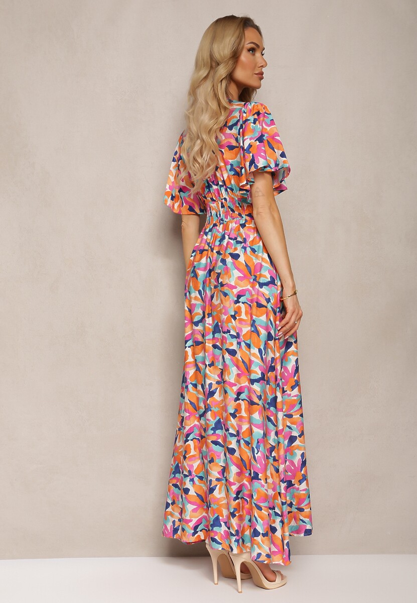 Pomarańczowo-Granatowa Wiskozowa Sukienka z Gumką w Talii z Ozdobnymi Marszczeniami i Rozcięciem Glara