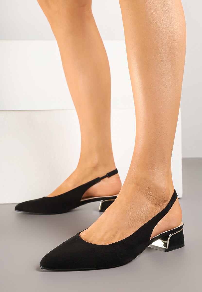 Czarne Sandały Typu Slingback ze Skórzaną Wkładką i Metaliczną Wstawką Wevessa