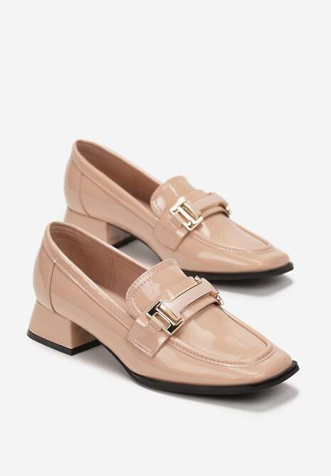 Beżowe Lakierowane Mokasyny z Klamrą i Kwadratowym Noskiem Soss