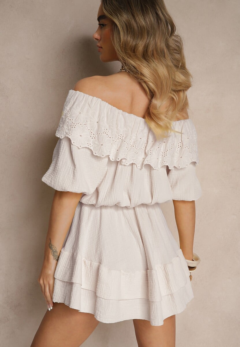 Beżowa Sukienka z Bawełny Ozdobiona Ażurową Falbaną Ranisse