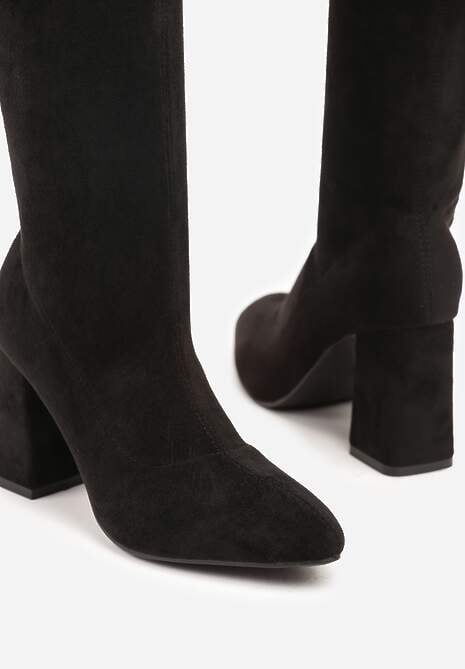 Czarne Dopasowane Kozaki Vices z Imitacji Zamszu na Słupkowym Obcasie Avvie