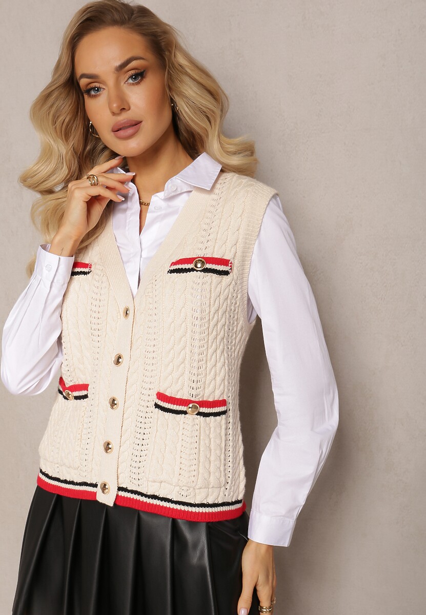 Beżowa Kamizelka z Grubo Plecionej Dzianiny Zapinana na Guziki Meliania